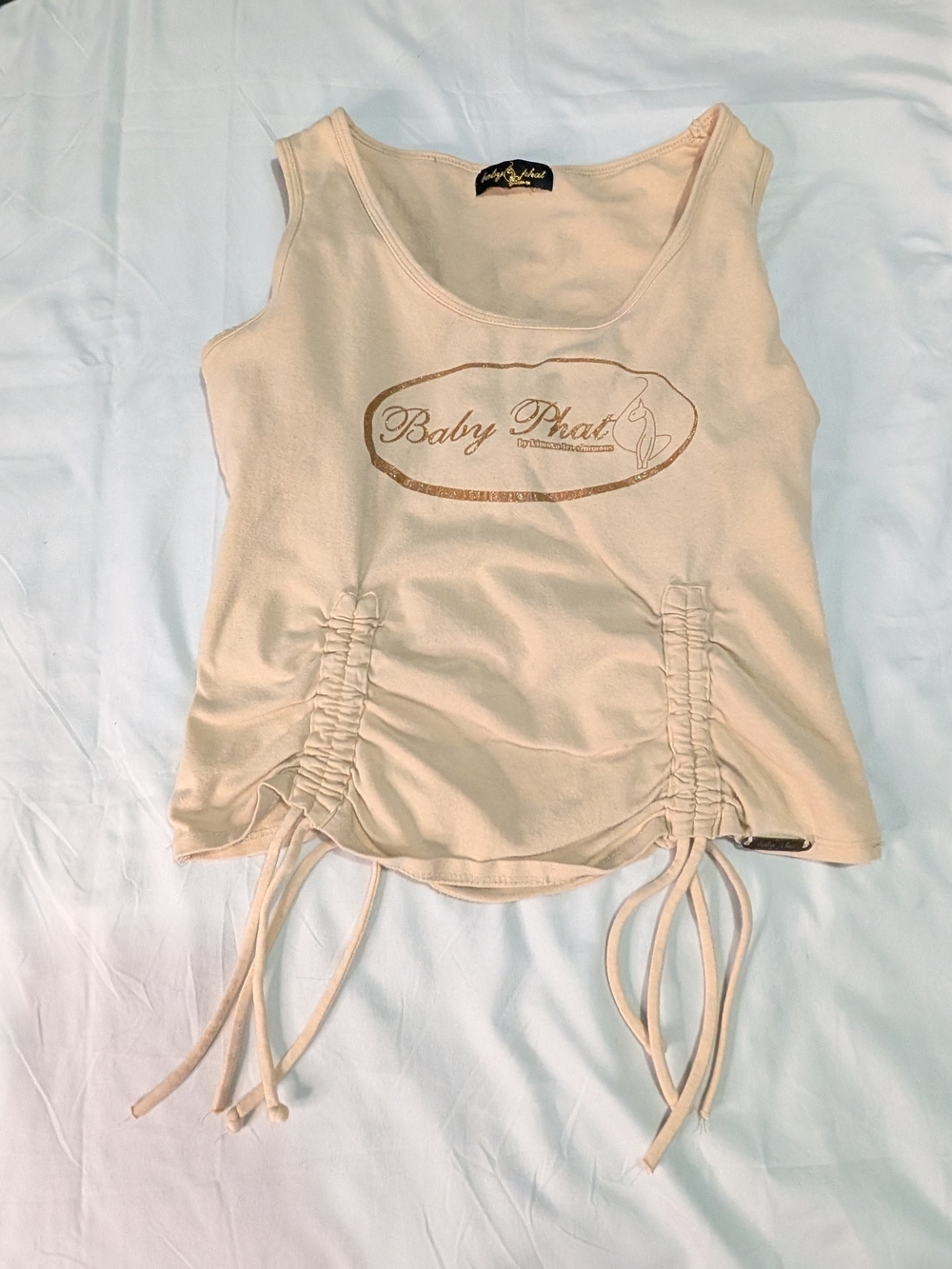 Vintage Y2K Baby Phat Jean Co. Ruched Tank Top Cream Gold Cat Logo Cami S/M